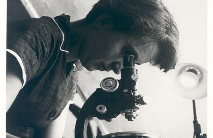 Rosalind Franklin guarda dal microscopio