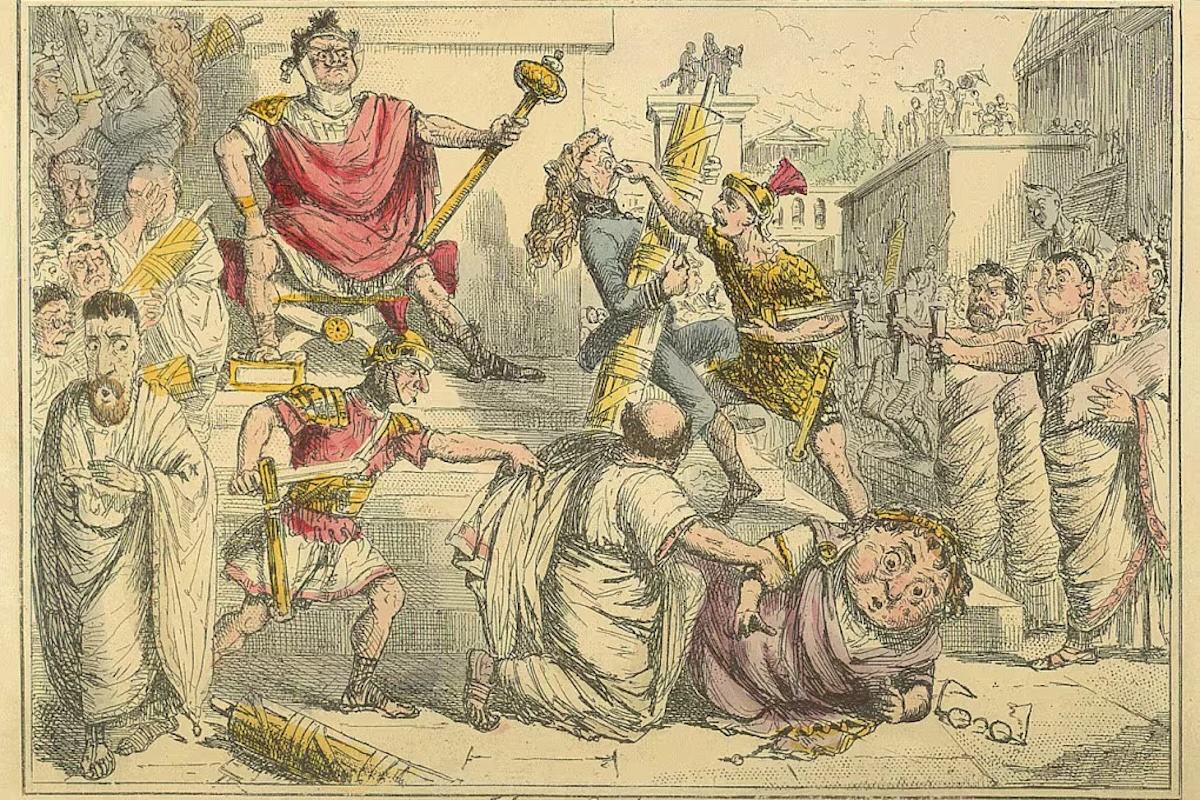 Una vignetta pubblicata intitolata "Tarquinio il Superbo si autoproclama re" (1850).