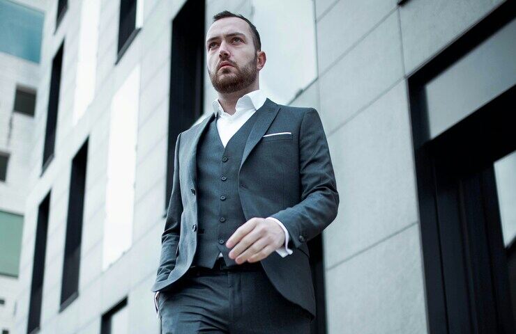 uomo d'affari in giacca elegante che cammina